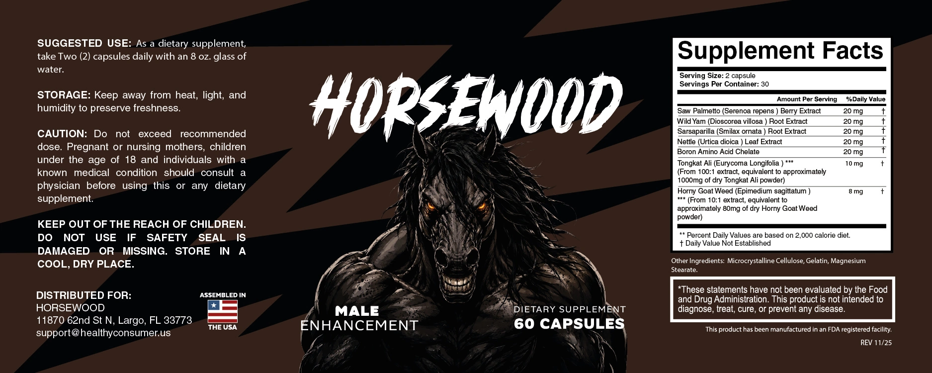 Horsewood supplement facts label showing all seven ingredients and dosages